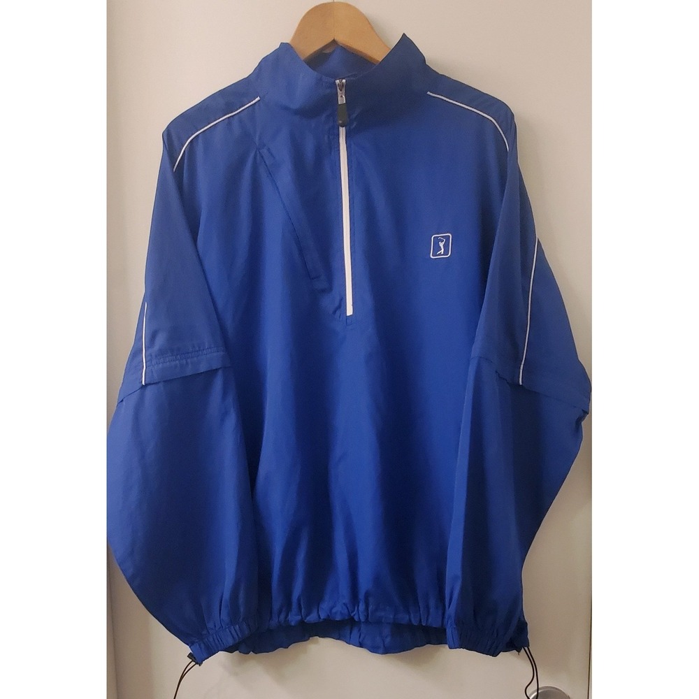 PGA Tour Jacket L Windbreak Retro 1/2 Zip Royal Blu/Wht Mock Neck Convert Sleeve